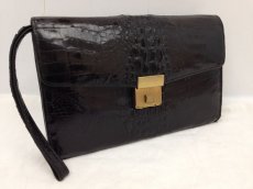 Photo1: Auth FINDIG GENUINE CROCODILE Leather Clutch Bag Black 6C090540# (1)