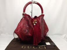 Photo1: Auth GUCCI GENUINE SNAKESKIN BAMBOO LEATHER Shoulder Bag Red 7C140540m (1)