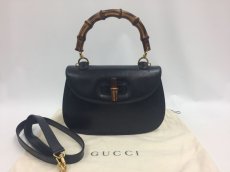 Photo1: Auth Gucci Bamboo Handle 2 way Dark Blue Leather Shoulder Hand Bag 9L050270n (1)