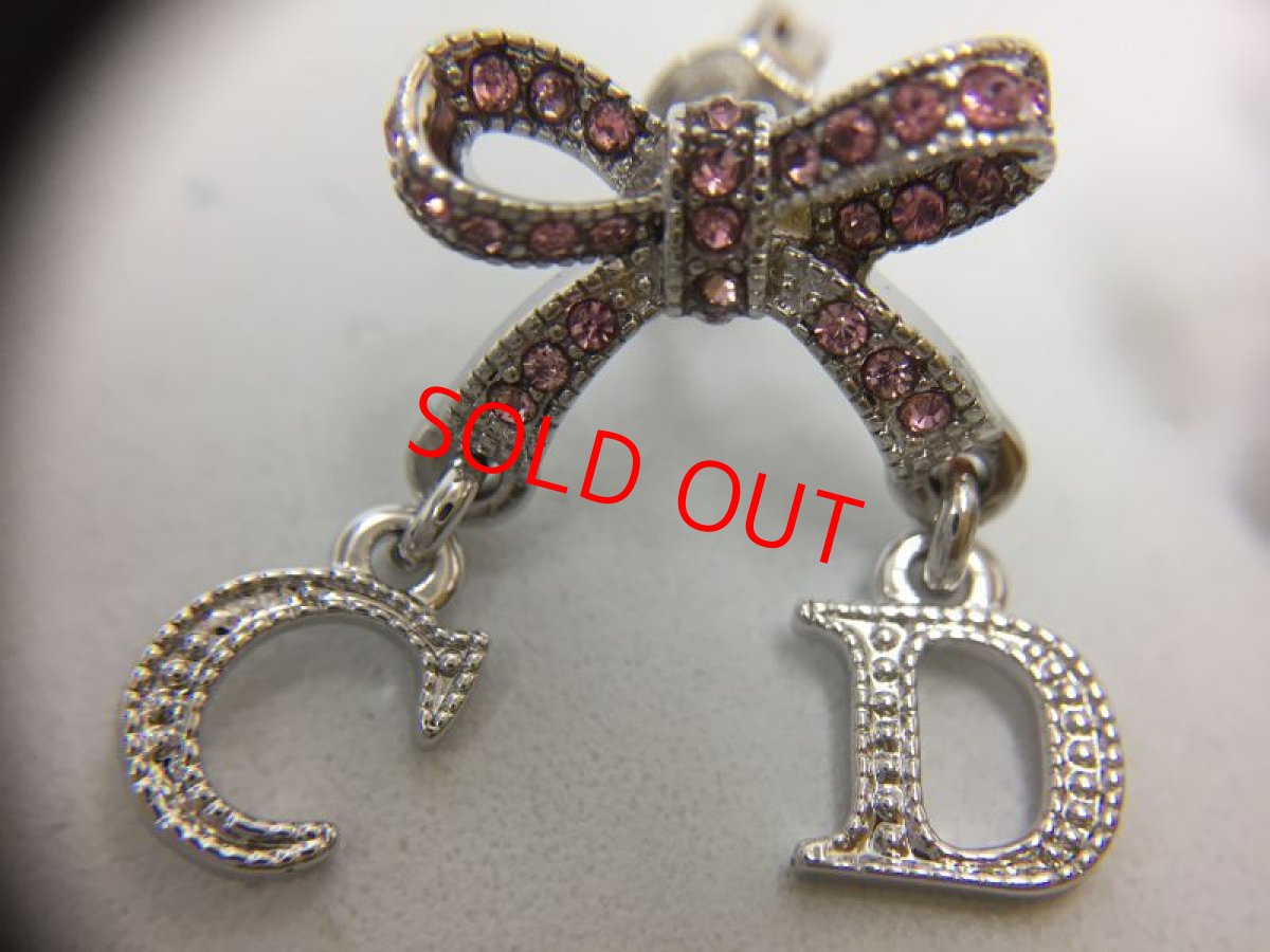 Photo3: Auth Dior Crystal Pink tone ribbon & CD motif Piercing Earrings 1A260200n" (3)