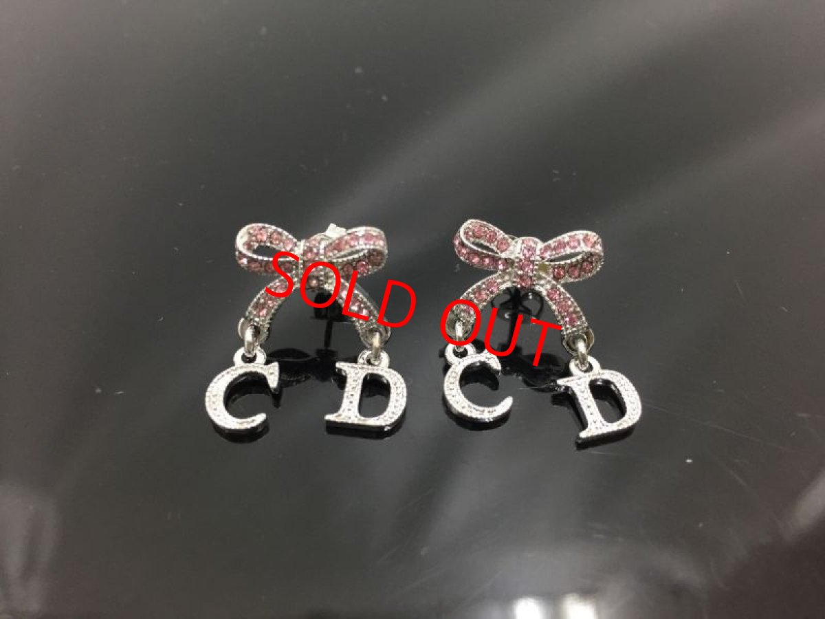 Photo1: Auth Dior Crystal Pink tone ribbon & CD motif Piercing Earrings 1A260200n" (1)