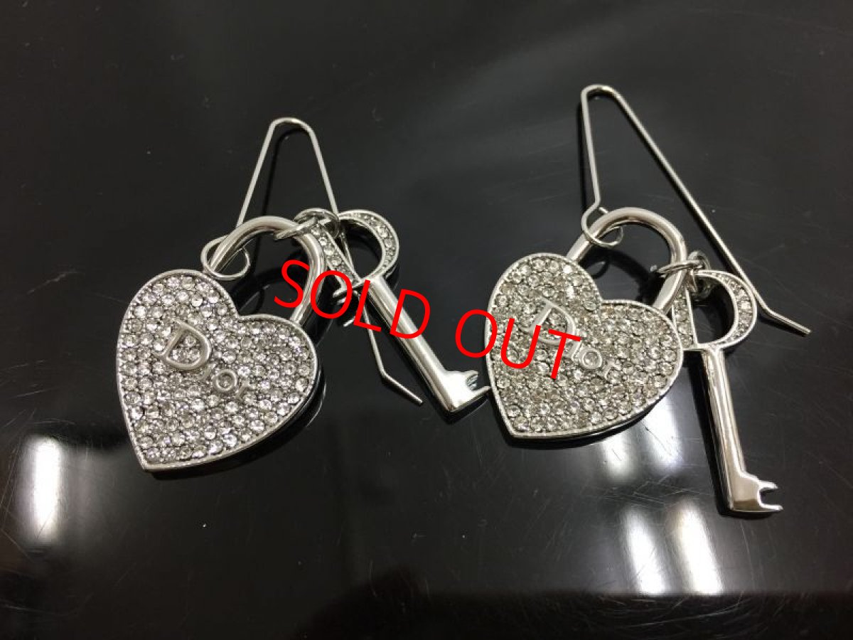 Photo1: Auth Dior Crystal Silver tone Heart & Key motif Piercing Earrings 1A260250n" (1)