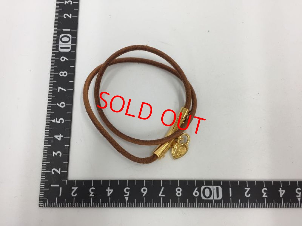 Photo2: Auth HERMES Double Loop Leather Bracelet Gold tone Heart Motif 1D070150n" (2)