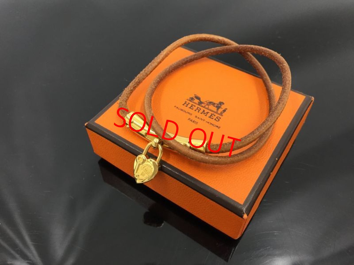 Photo1: Auth HERMES Double Loop Leather Bracelet Gold tone Heart Motif 1D070150n" (1)