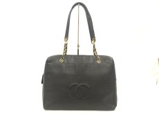 Photo2: Auth CHANEL Caviar Skin Leather Black Chain Shoulder Tote Bag  2B090010n" (2)