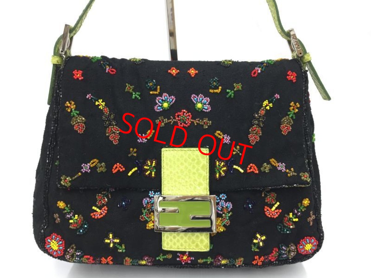 Photo2: Auth Fendi Mamma Baguette Black Denim Beads Shoulder bag 2C300080n" (2)