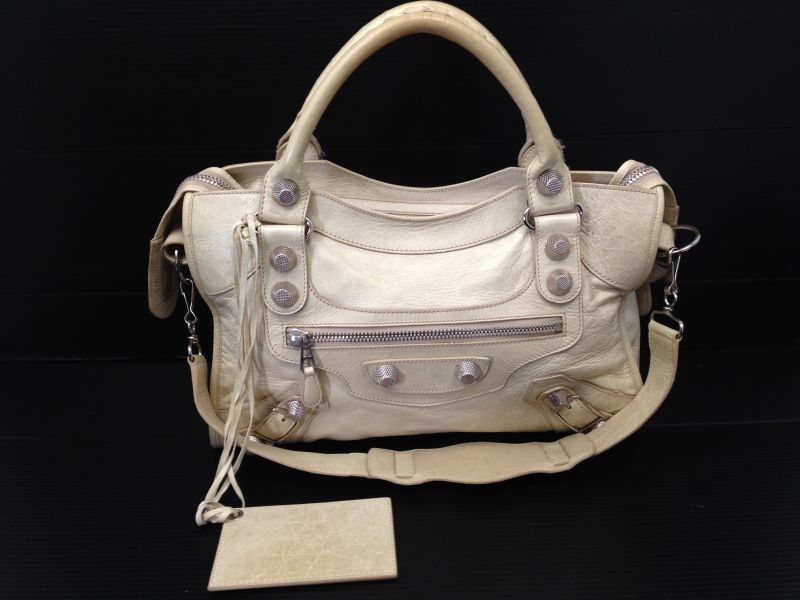 Auth Balenciaga Giant City 2way Shoulder Bag Cream x Silver Vintage 6i220230m