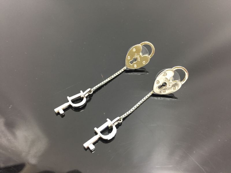 Auth Dior Silver tone D Key & Lock motif Piercing Earrings 1A260080n