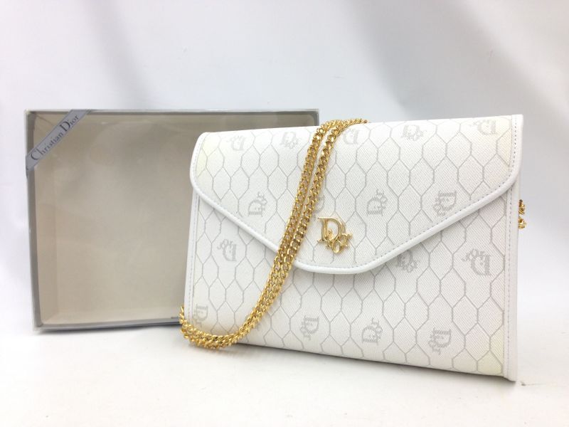 Auth Christian Dior Honeycomb Chain Shoulder Bag PVC Leather White 3G190070k